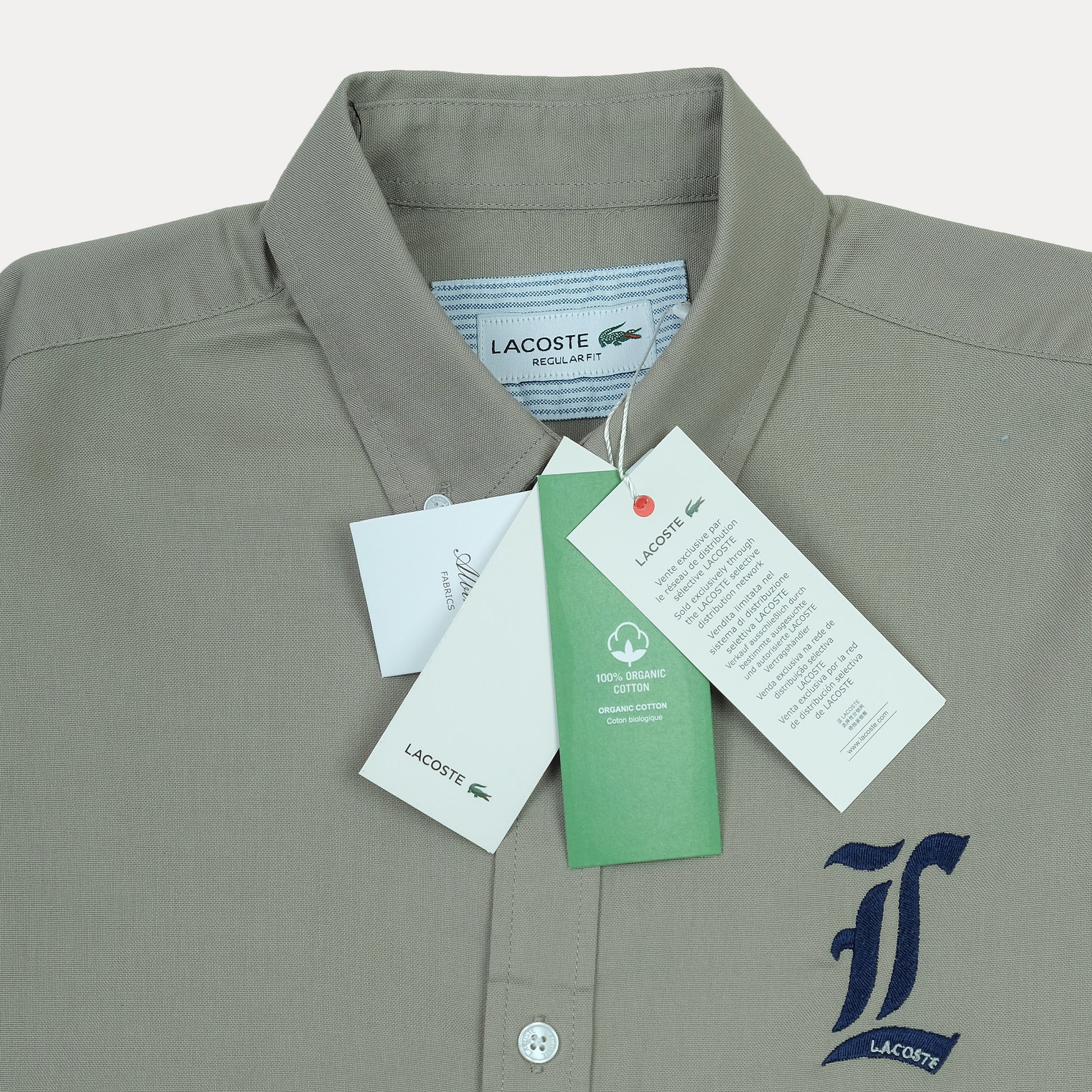 Lacoste Organic Cotton Sage Green Button-Up Shirt with Elegant Embroidery