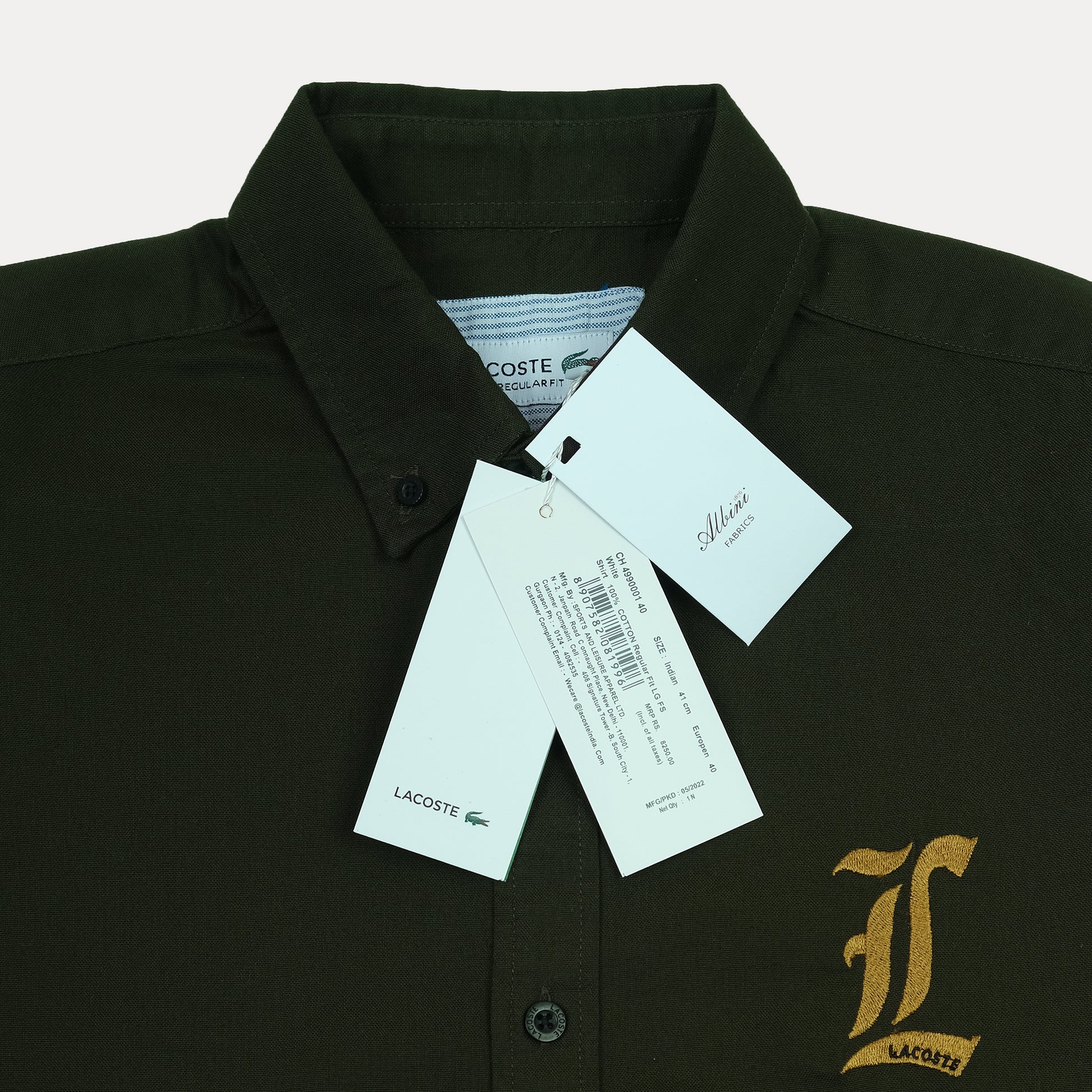 Lacoste Elegant Olive Green Regular Fit Shirt with Chic Embroidery