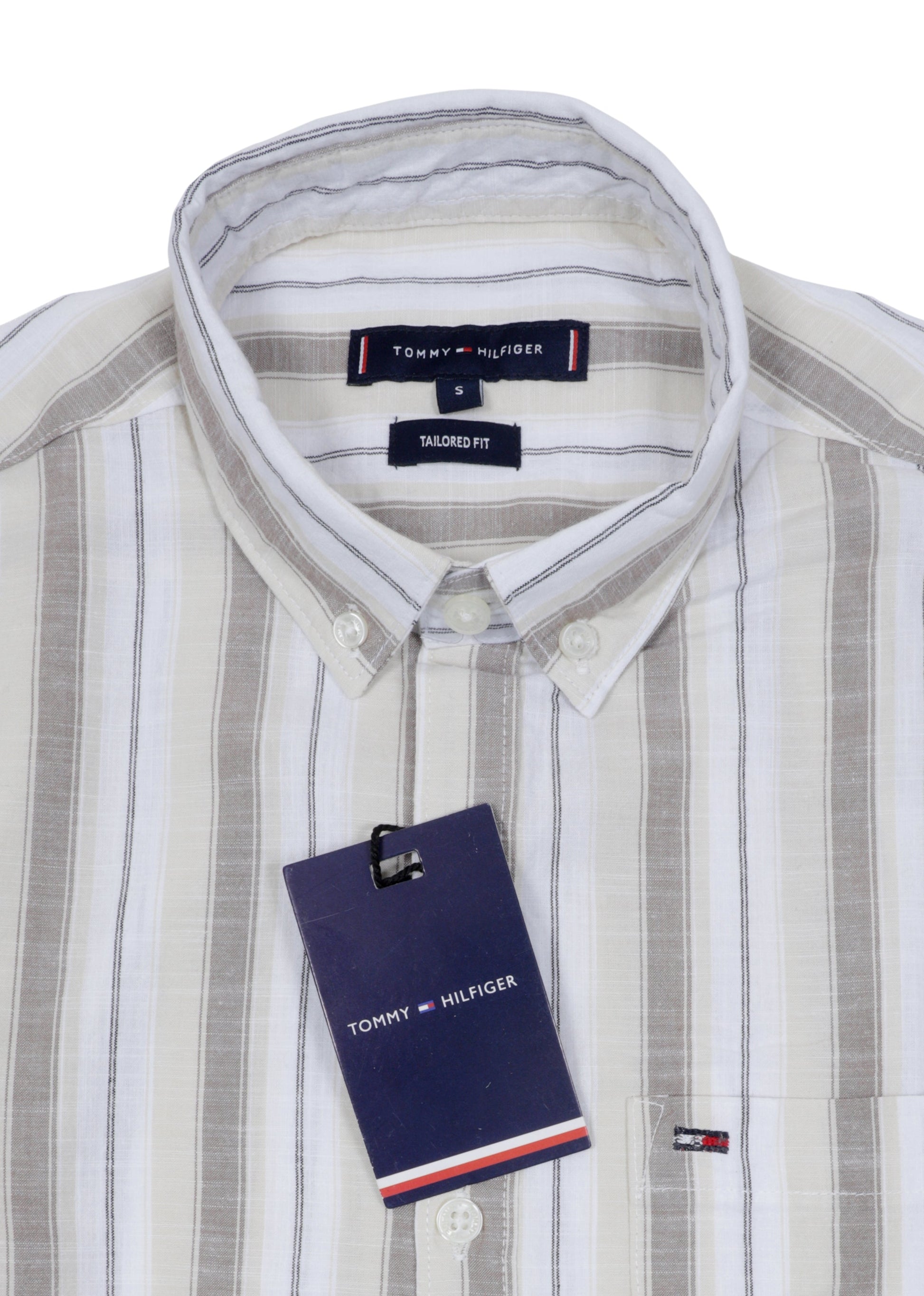 TOMMY HILFIGER Sandstone Cream Tailored Fit Long Sleeve Striped Shirt