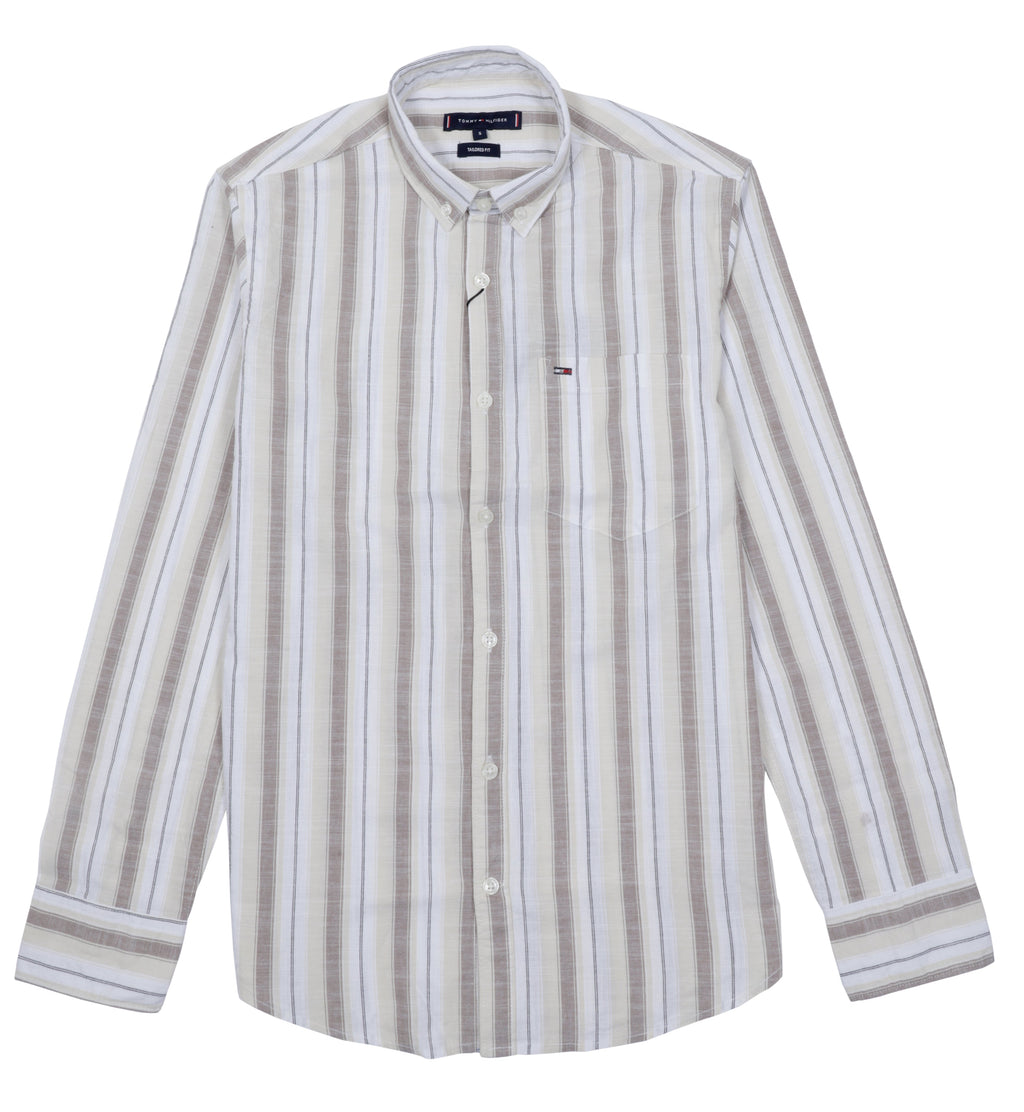 TOMMY HILFIGER Sandstone Cream Tailored Fit Long Sleeve Striped Shirt