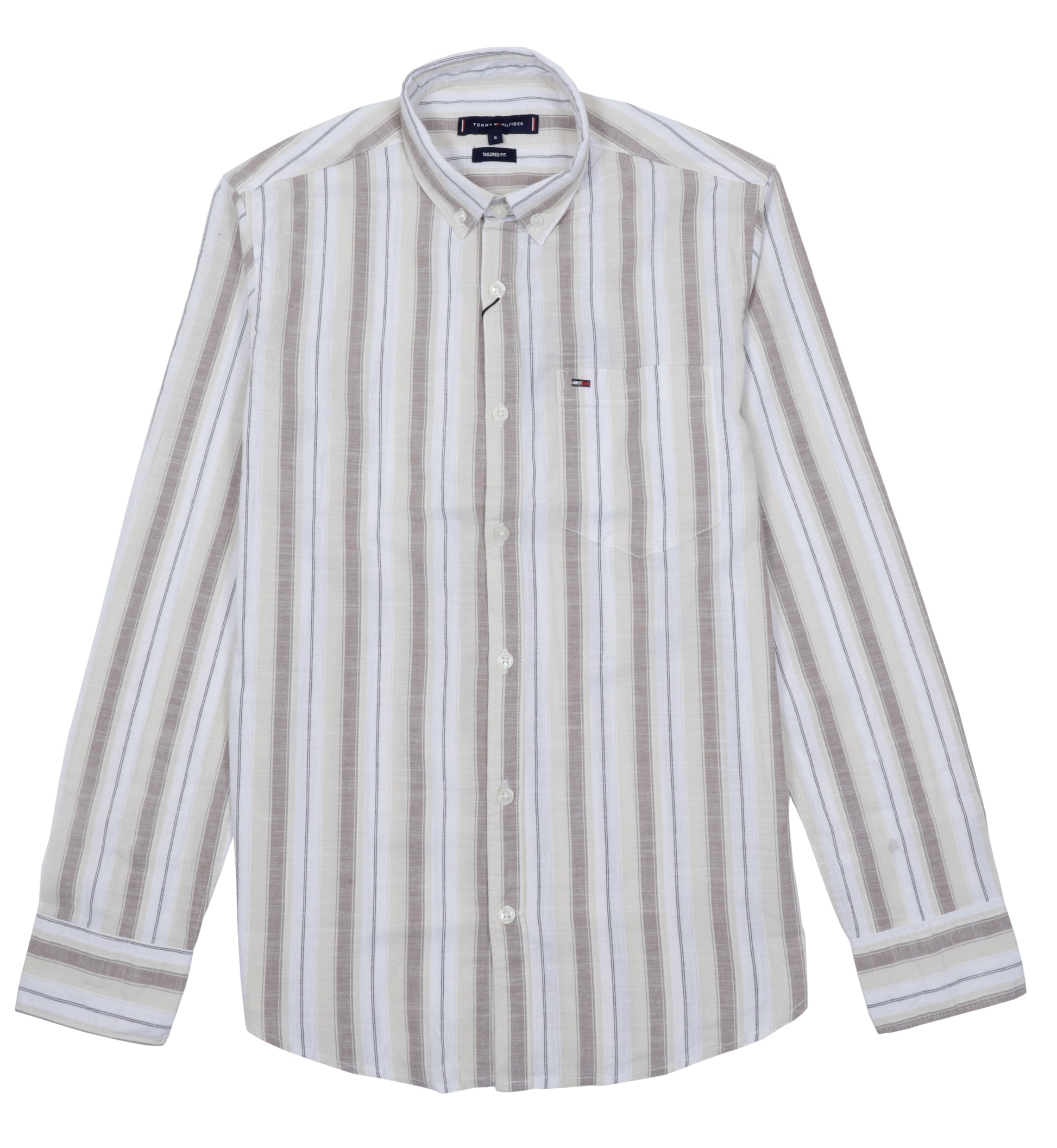 TOMMY HILFIGER Sandstone Cream Tailored Fit Long Sleeve Striped Shirt