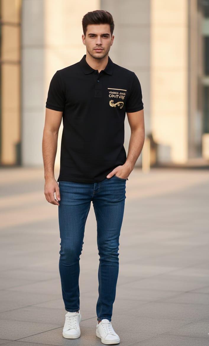 VERSACE JEANS COUTURE Obsidian Glow Luxe Fit Piqué Polo Shirt