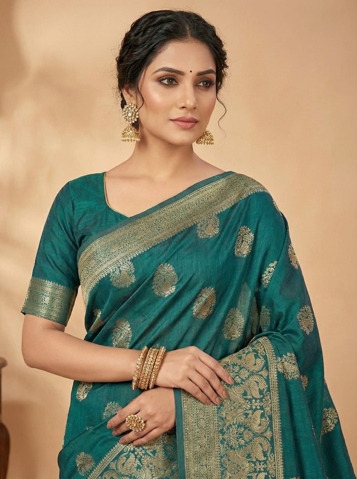 Ethnic Elegance Teal Silk Saree with Gold Zari Work