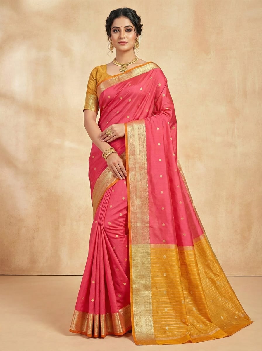 Elegant Weaves Pink and Gold Silk Saree with Polka Dots