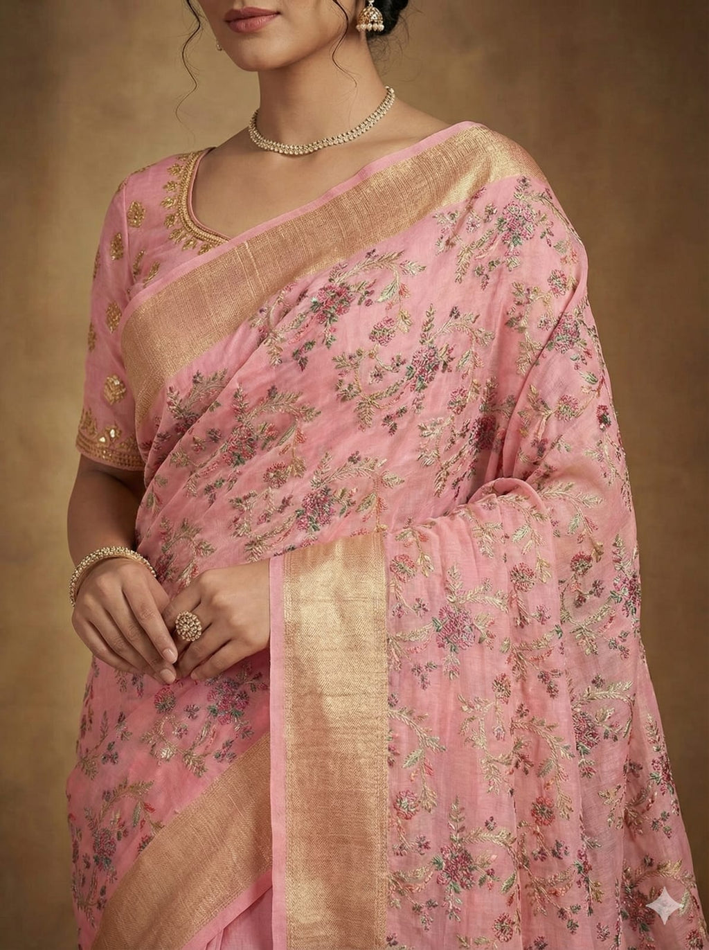 Elegant Weaves Floral Embroidered Pink Silk Saree with Golden Border