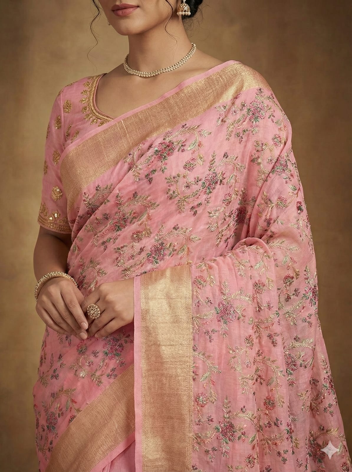 Elegant Weaves Floral Embroidered Pink Silk Saree with Golden Border
