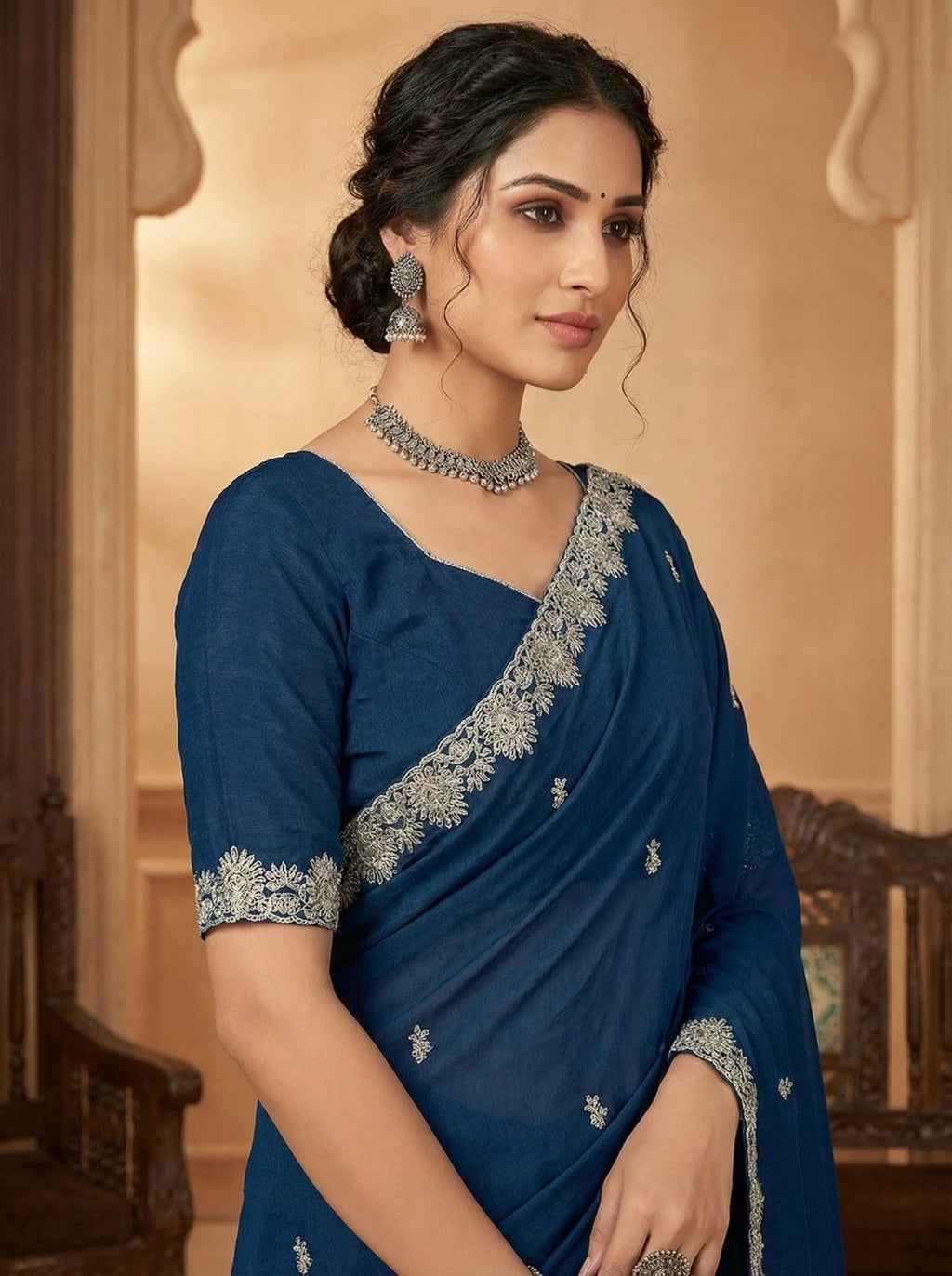 Elegant Attire Navy Blue Cotton Embroidered Saree with Blouse