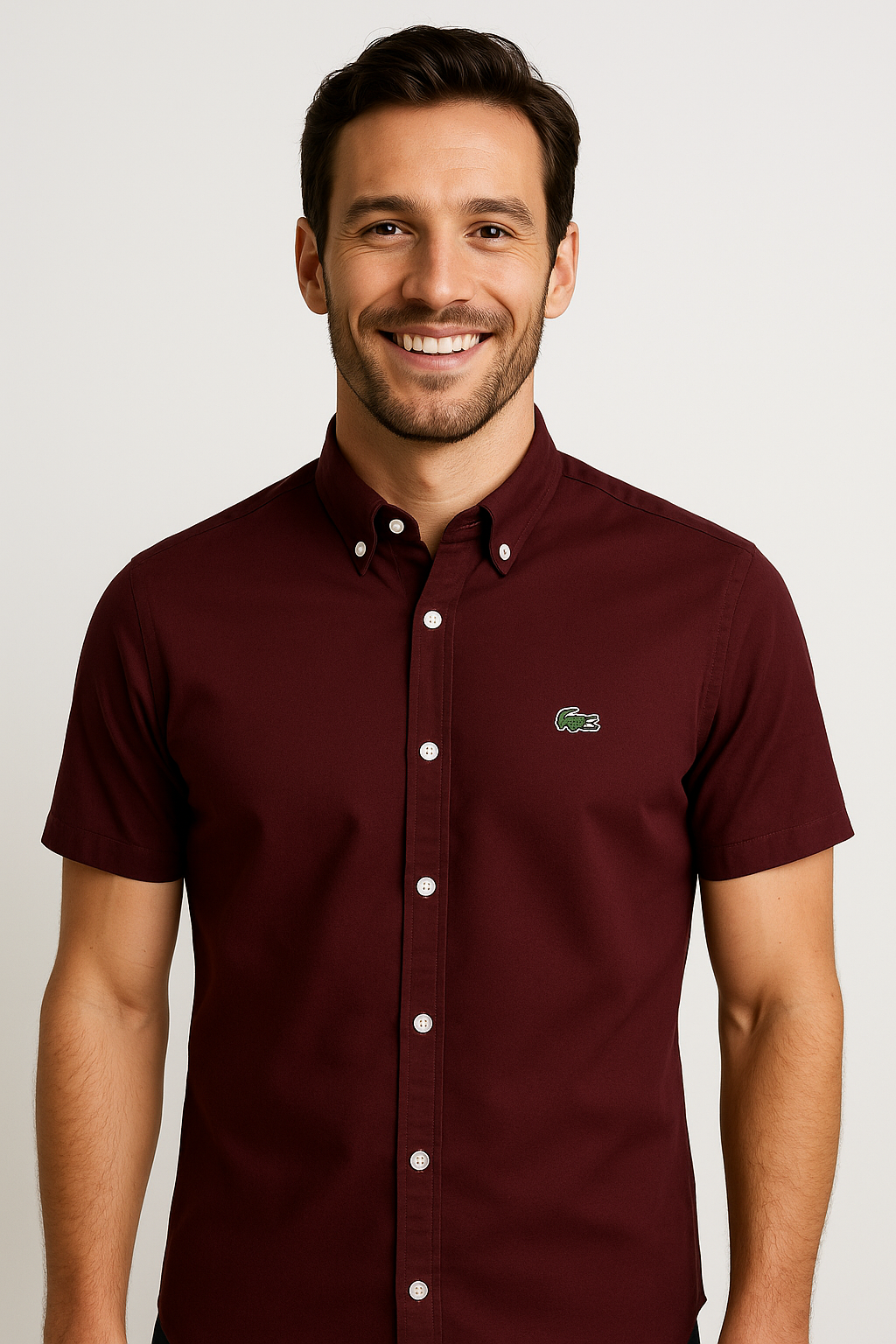 LACOSTE Deep Merlot Slim Fit Short Sleeve Button-Up Shirt