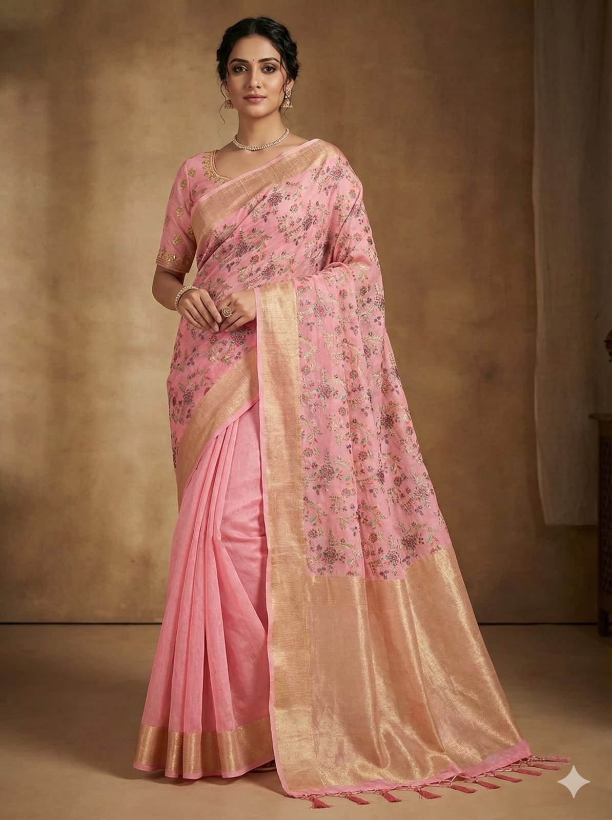 Elegant Weaves Floral Embroidered Pink Silk Saree with Golden Border