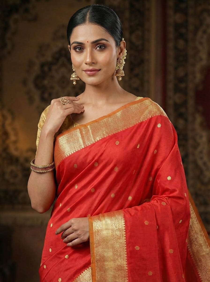 Elegant Weaves Classic Red Silk Saree with Golden Zari Border