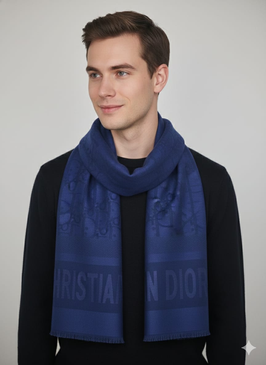 CHRISTIAN DIOR Monogrammed Cashmere Blend Scarf in Deep Blue