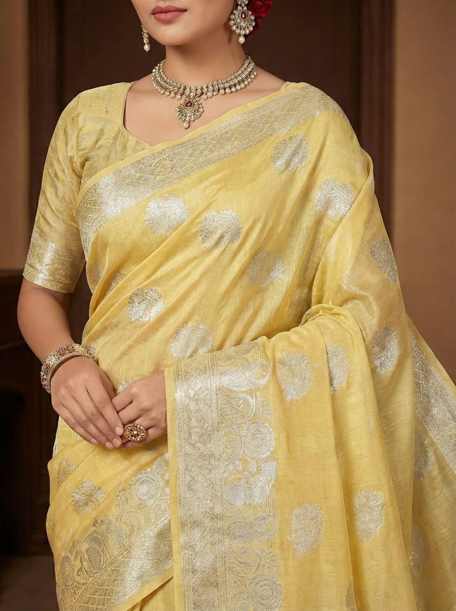 Elegant Weaves Yellow Silk Saree with Silver Embroidery