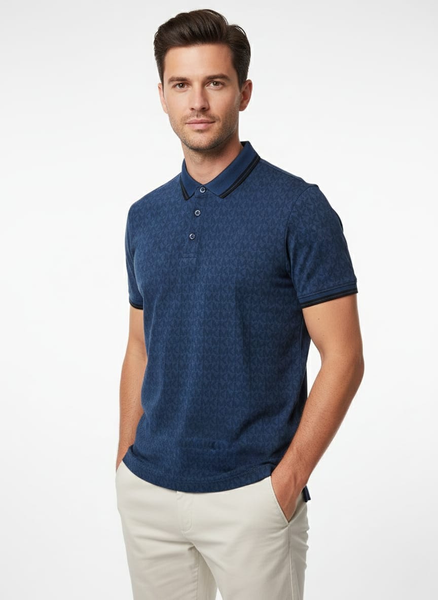 MICHAEL KORS Celestial Indigo Textured Slim Fit Short Sleeve Polo Shirt