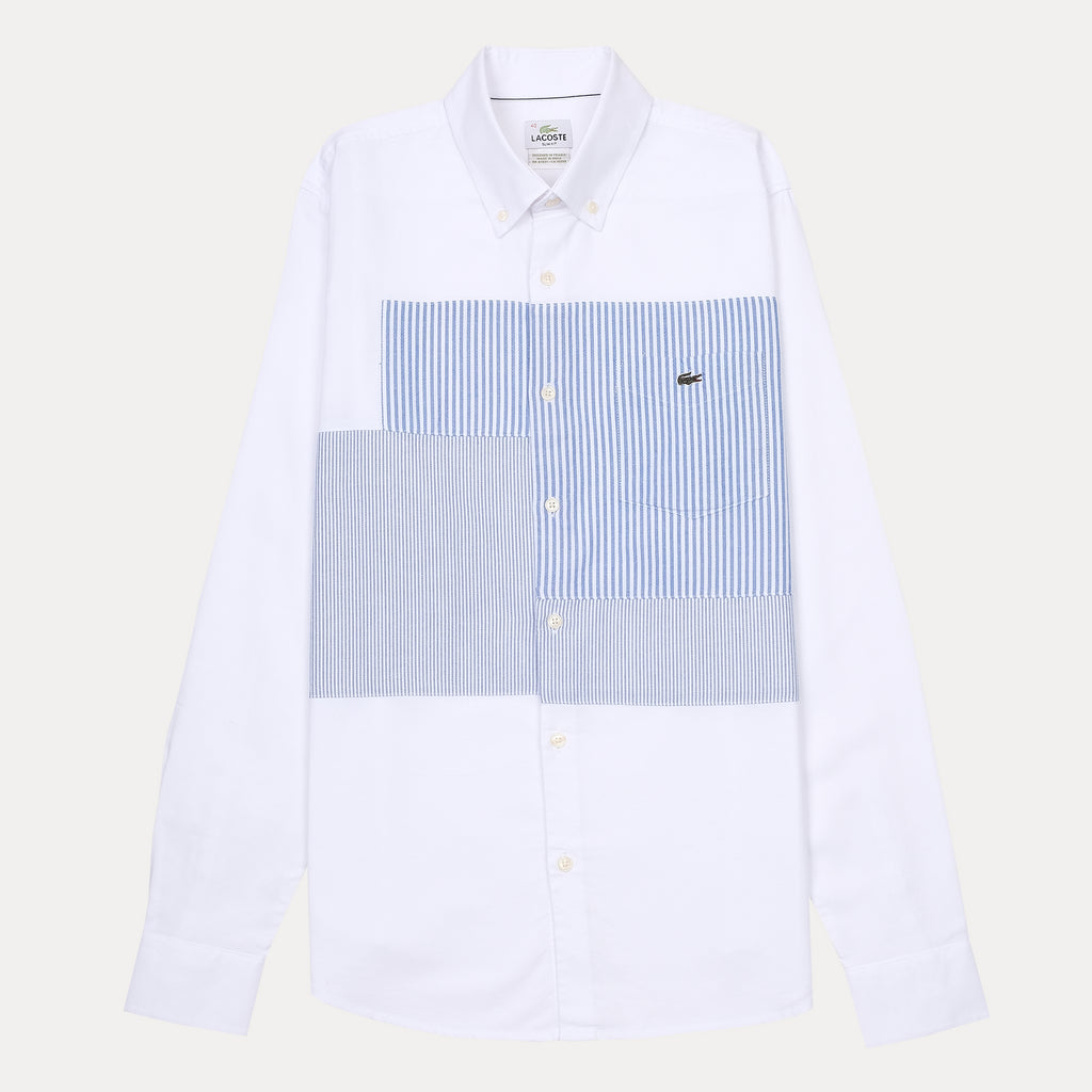 Lacoste Slim Fit Whimsical Waves Button-Up Shirt in Crisp Cloud White and Serene Sky Blue