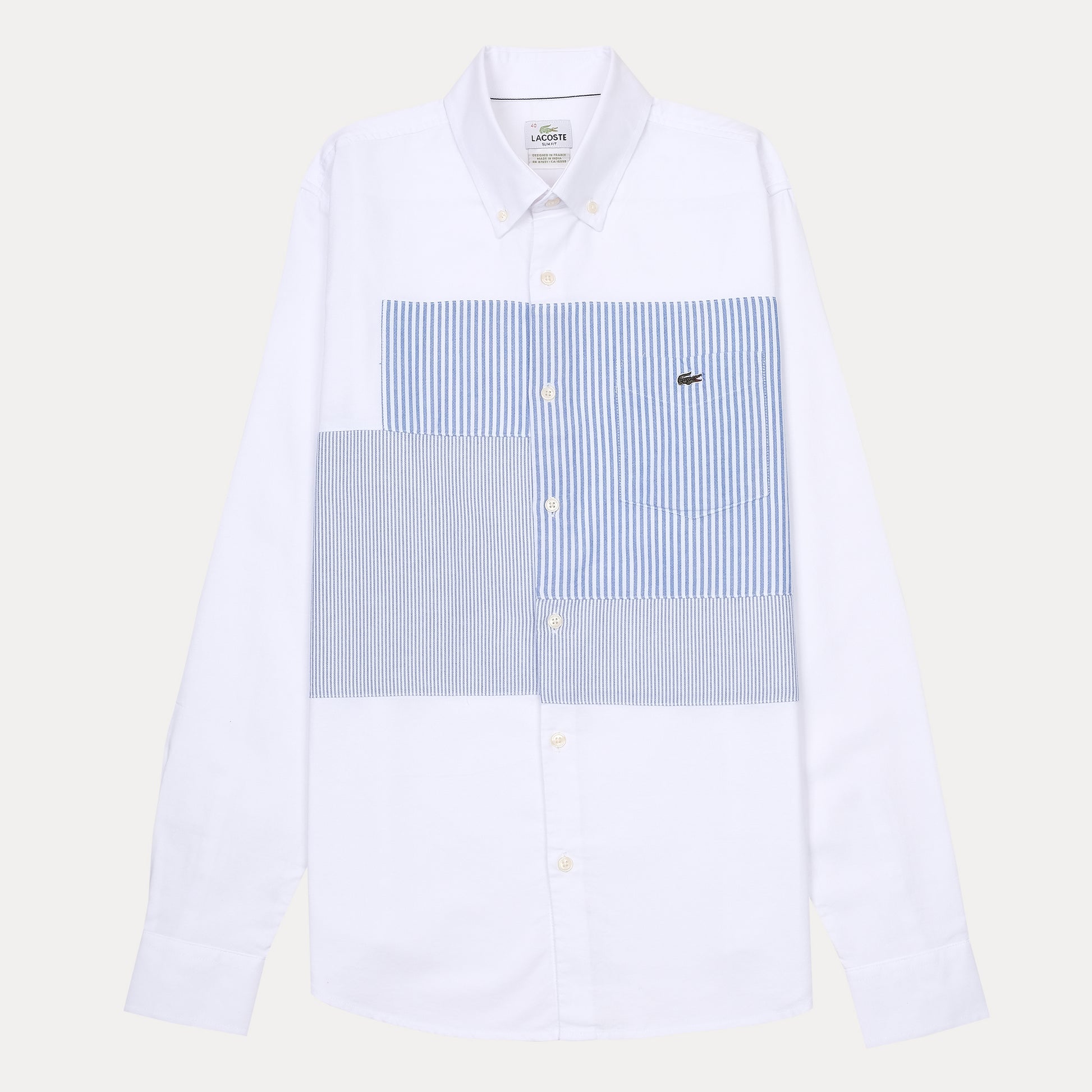 Lacoste Slim Fit Whimsical Waves Button-Up Shirt in Crisp Cloud White and Serene Sky Blue