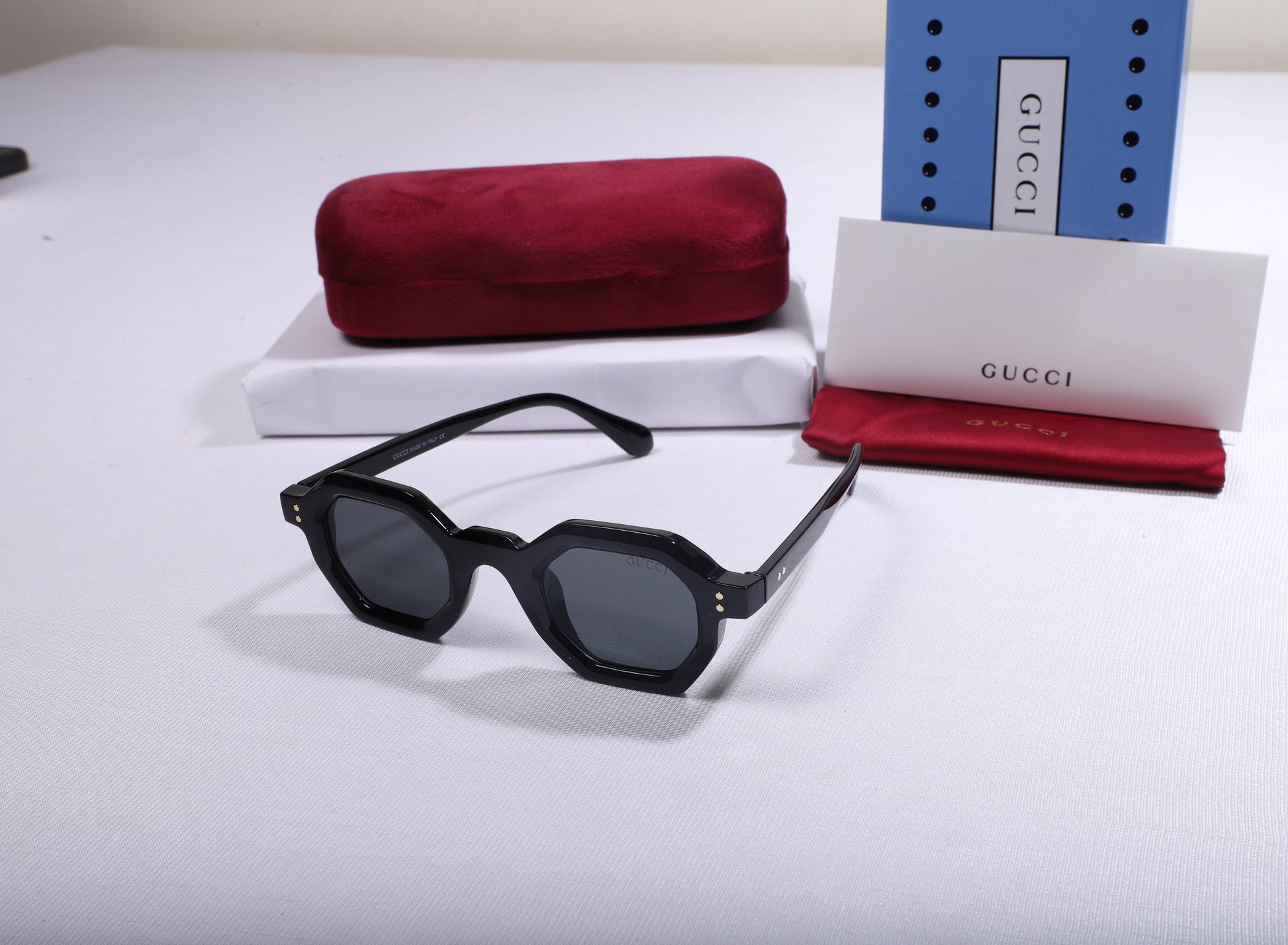 GUCCI Enigmatic Onyx Statement Hexagonal Sunglasses with Luxe Case
