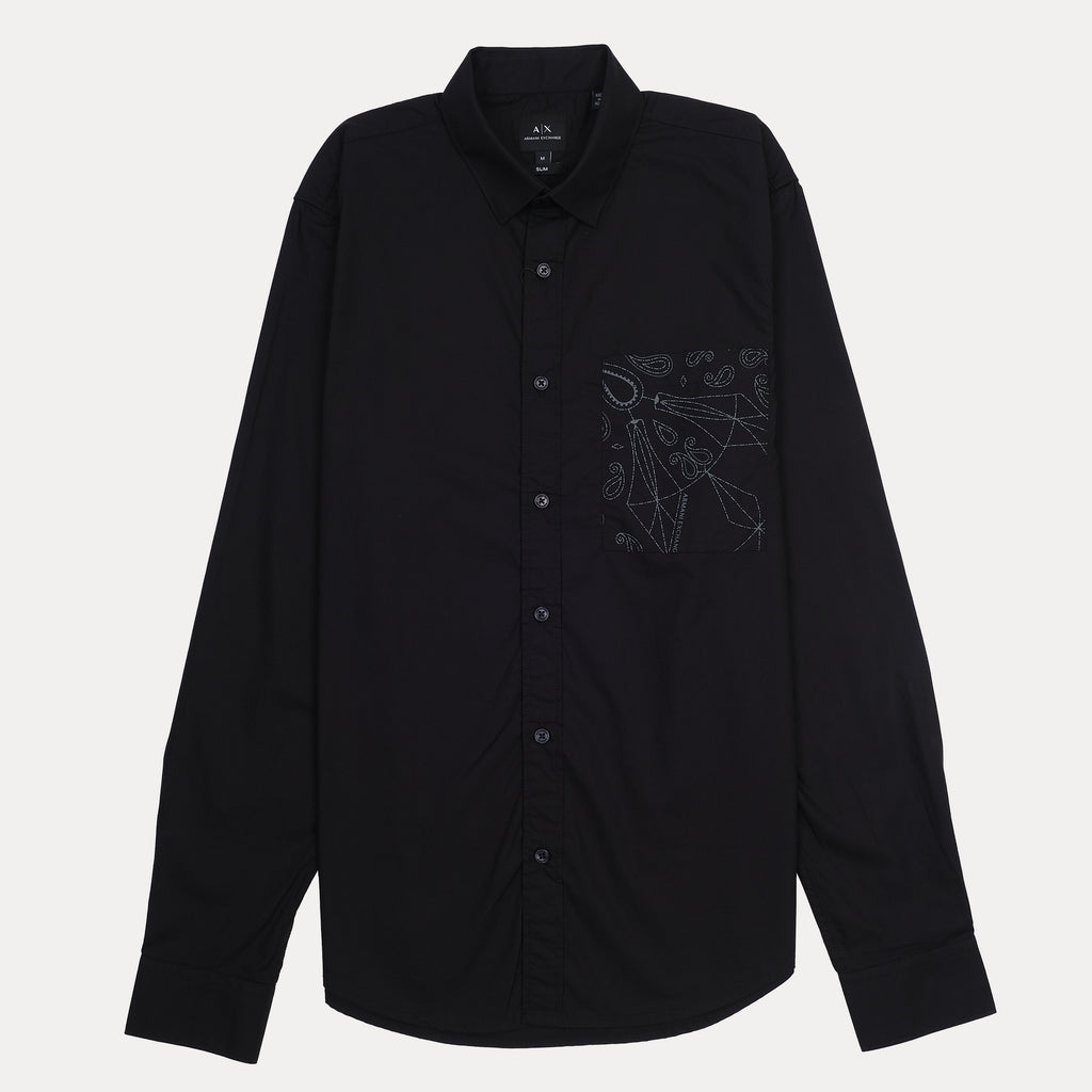 A|X Armani Exchange Slim Fit Black Button-Up Shirt with Contrast Pocket