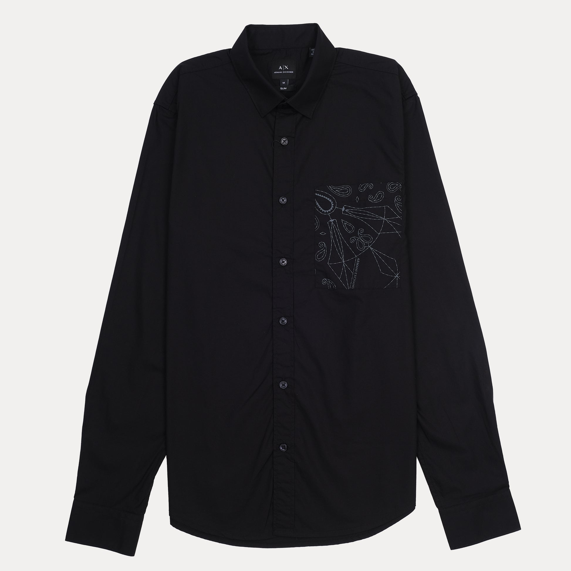 A|X Armani Exchange Slim Fit Black Button-Up Shirt with Contrast Pocket