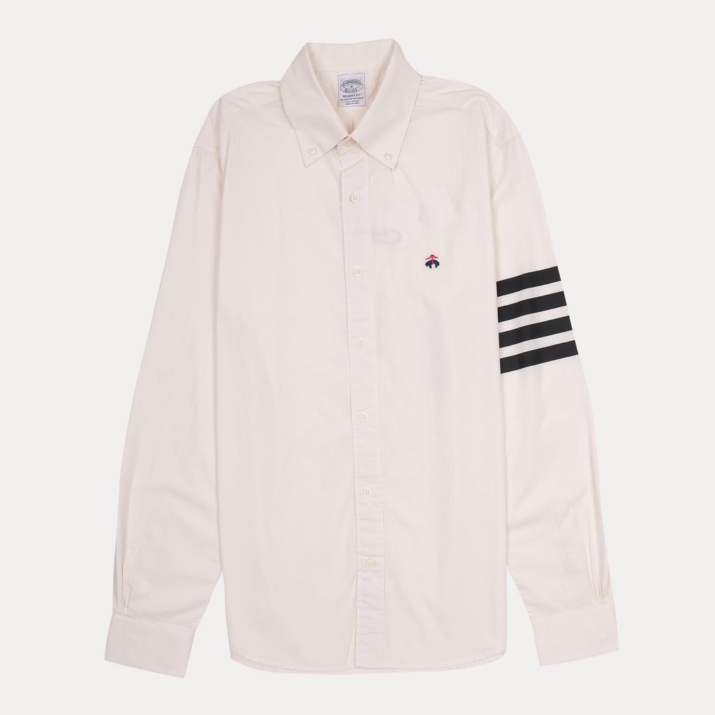 BROOKS BROTHERS Creamy Almond Regent Fit Long Sleeve Shirt with Striped Accent