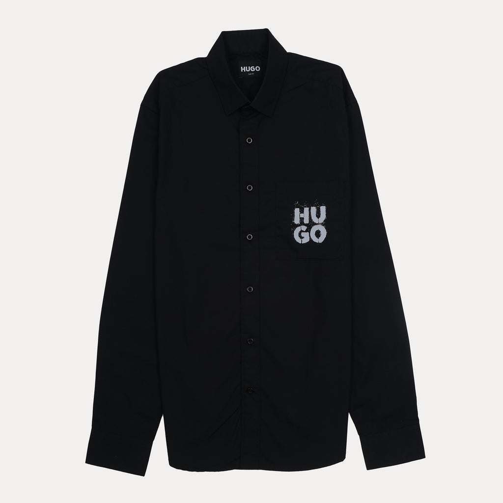 HUGO Modern Fit Black Button-Up Shirt with Logo
