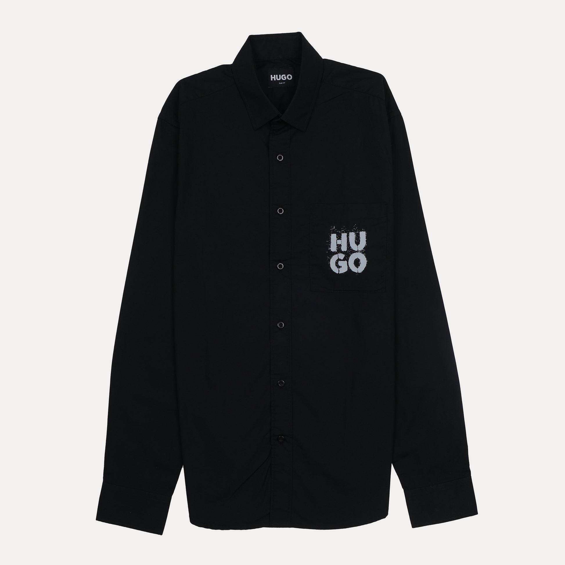 HUGO Modern Fit Black Button-Up Shirt with Logo