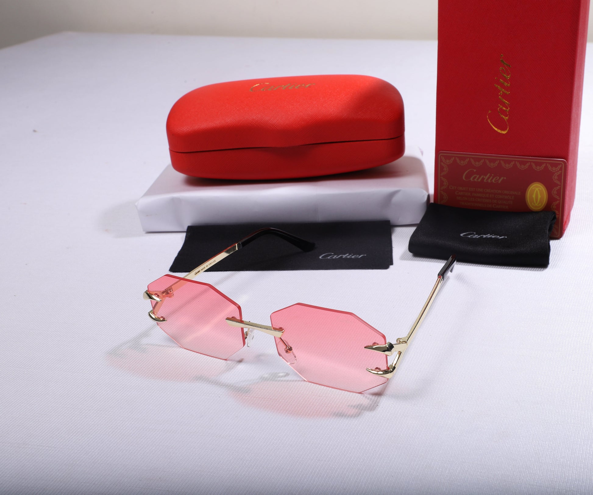 Cartier Octagonal Pink Sunglasses with Red Case
