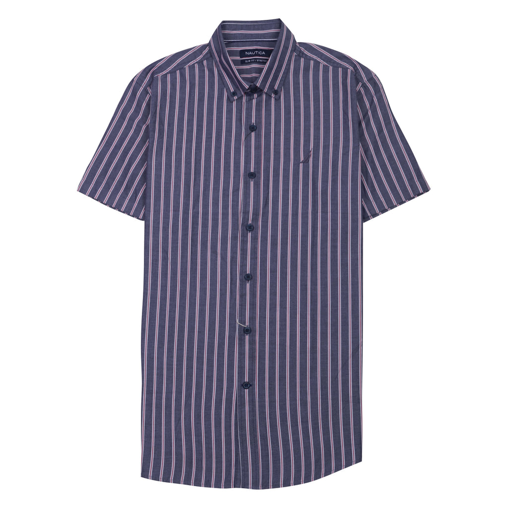 NAUTICA Prismatic Indigo Tailored Fit Short Sleeve Striped Shirt