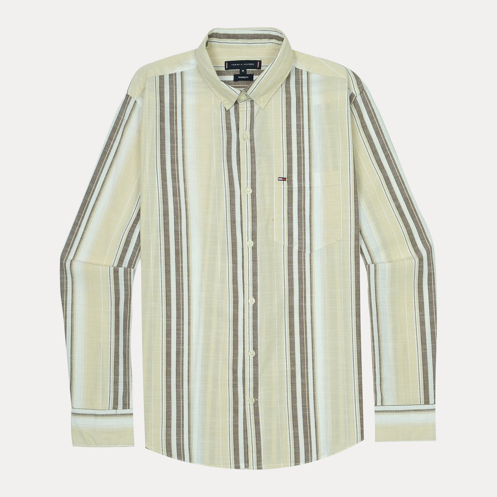 TOMMY HILFIGER Sandstone Silk-Smooth Tailored Fit Long Sleeve Striped Shirt