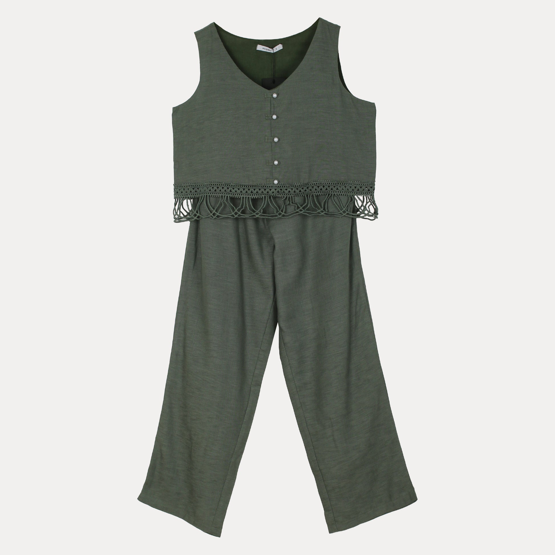 Auguri Breezy Olive Ensemble - Chic Cropped Top & Flowing Trousers