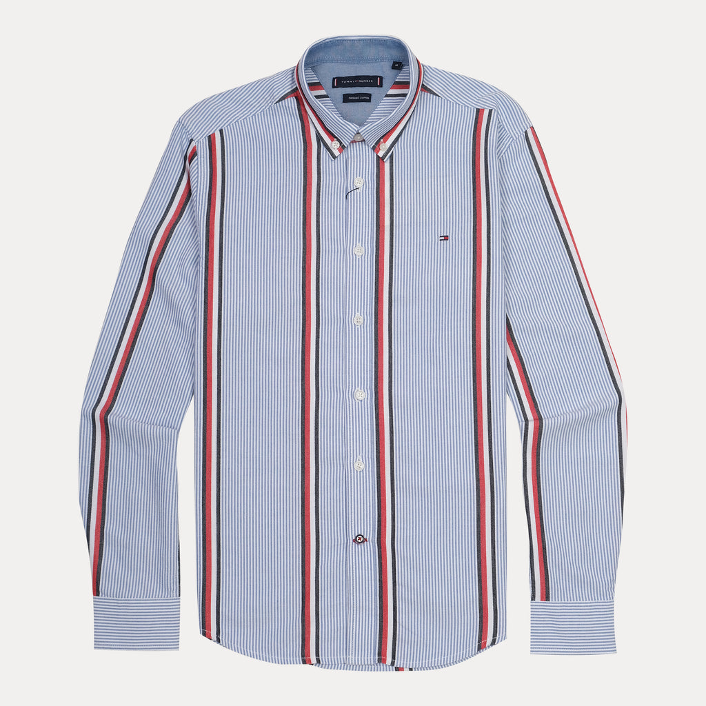 Tommy Hilfiger Striped Elegance Organic Cotton Shirt in Sky Blue with Vibrant Red Accents