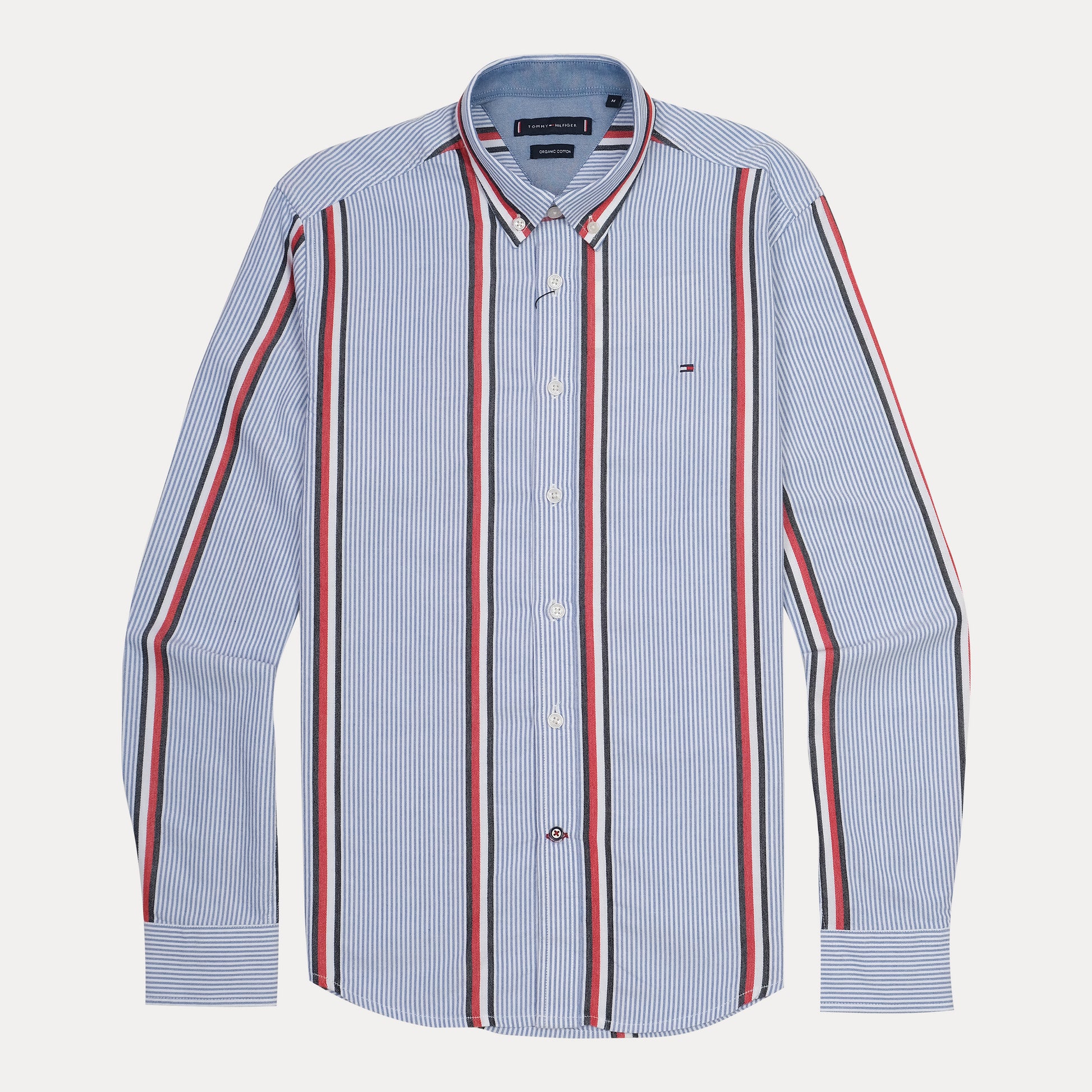 Tommy Hilfiger Striped Elegance Organic Cotton Shirt in Sky Blue with Vibrant Red Accents