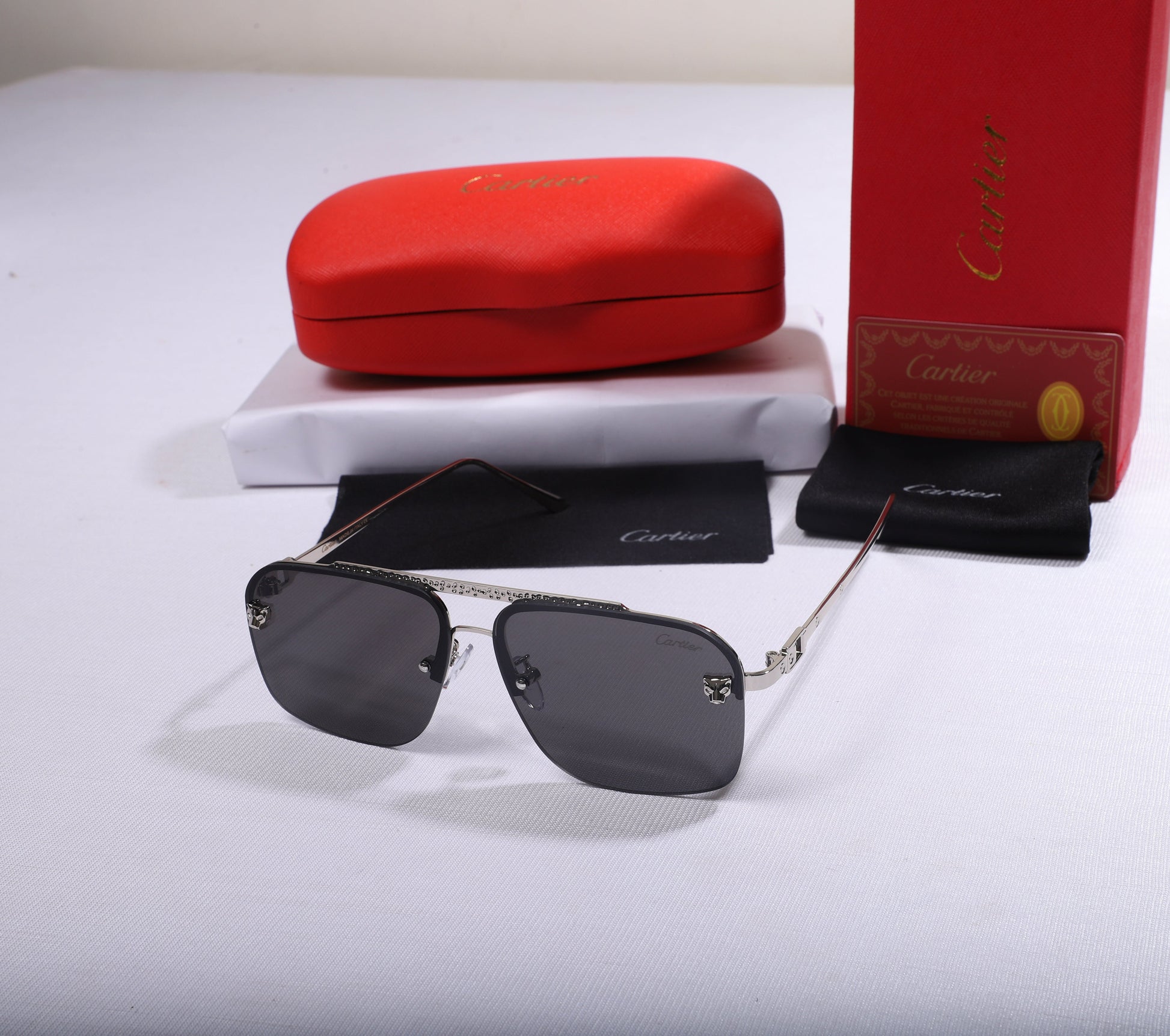Cartier Luxury Square Sunglasses with Red Case