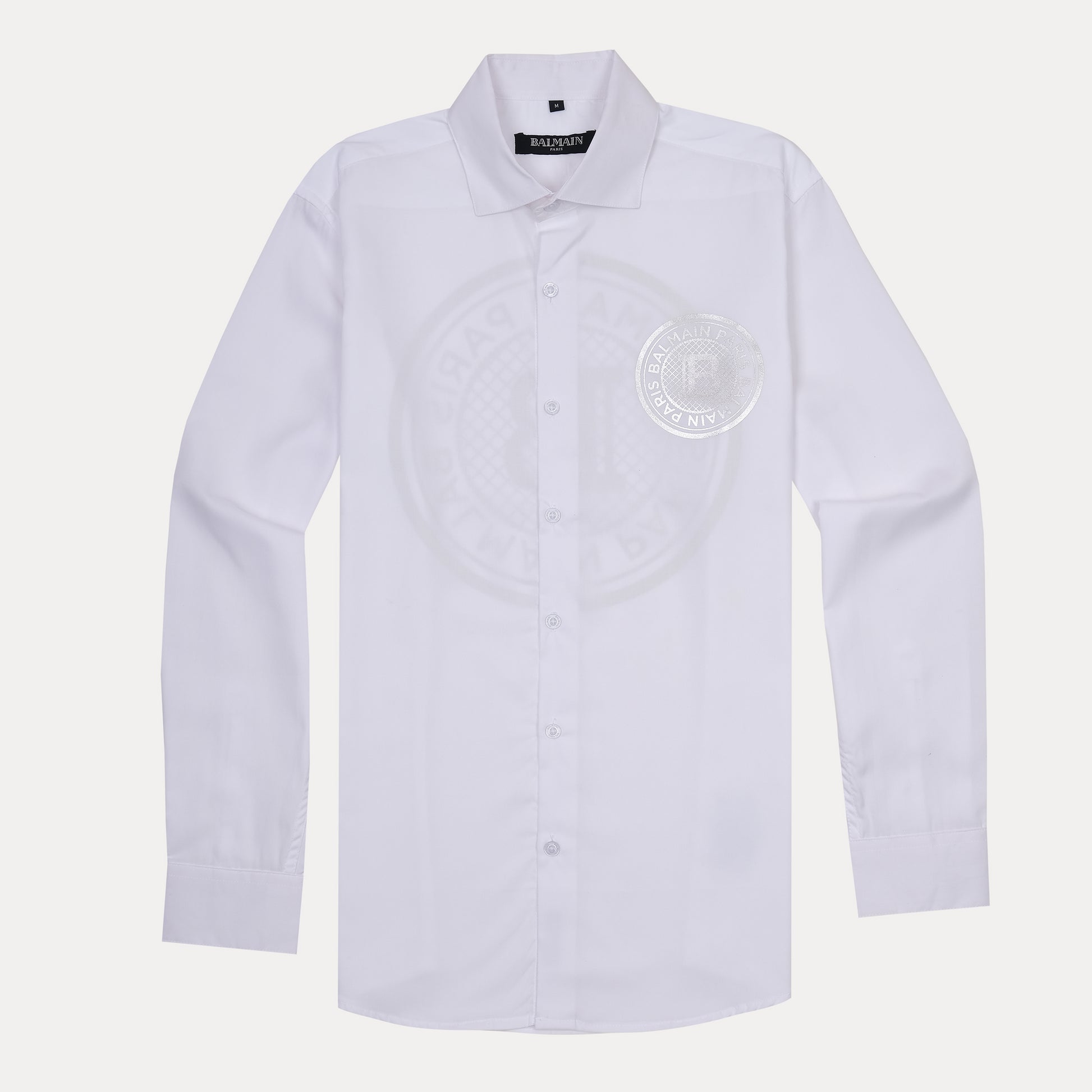 Balmain Elegant Silver Emblem Button-Up Shirt in Pristine White