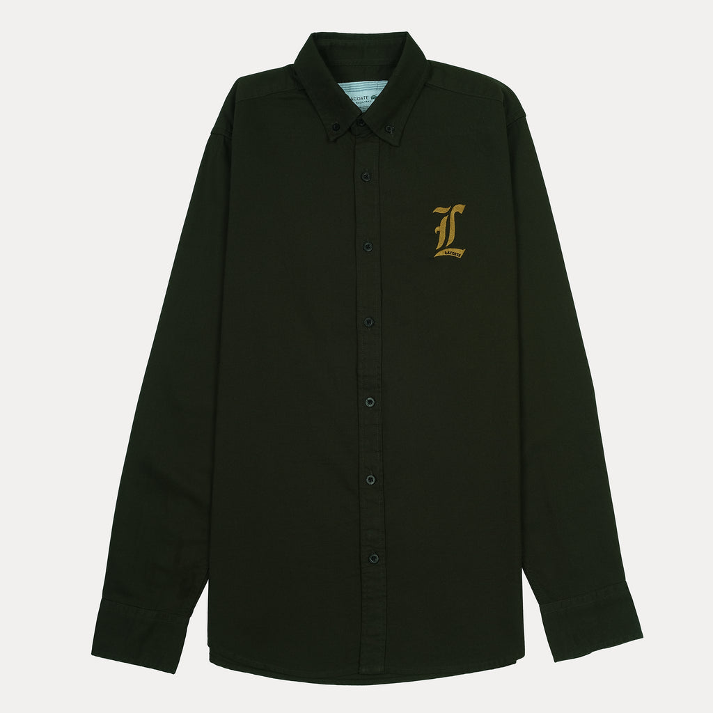 Lacoste Elegant Olive Green Regular Fit Shirt with Chic Embroidery