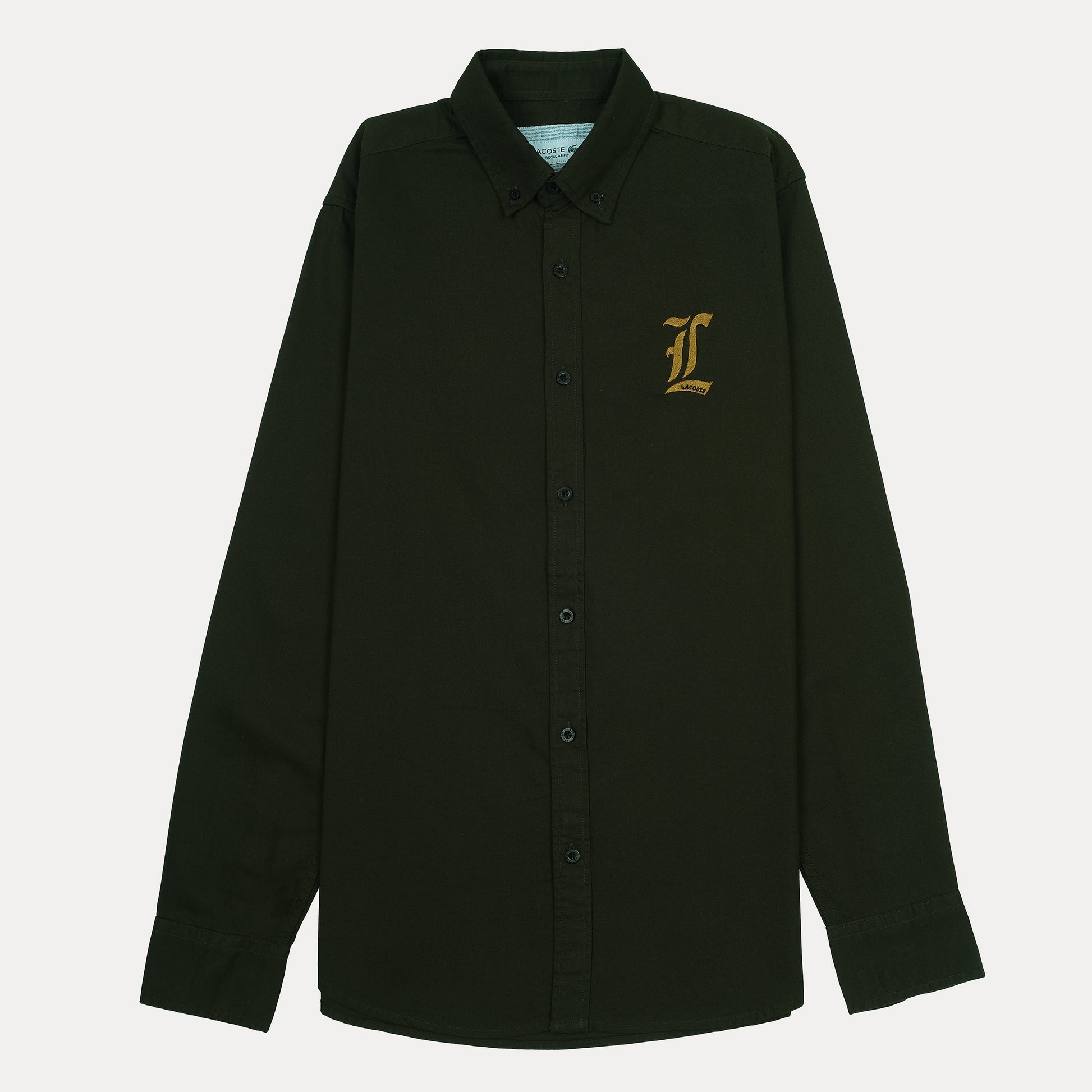 Lacoste Elegant Olive Green Regular Fit Shirt with Chic Embroidery