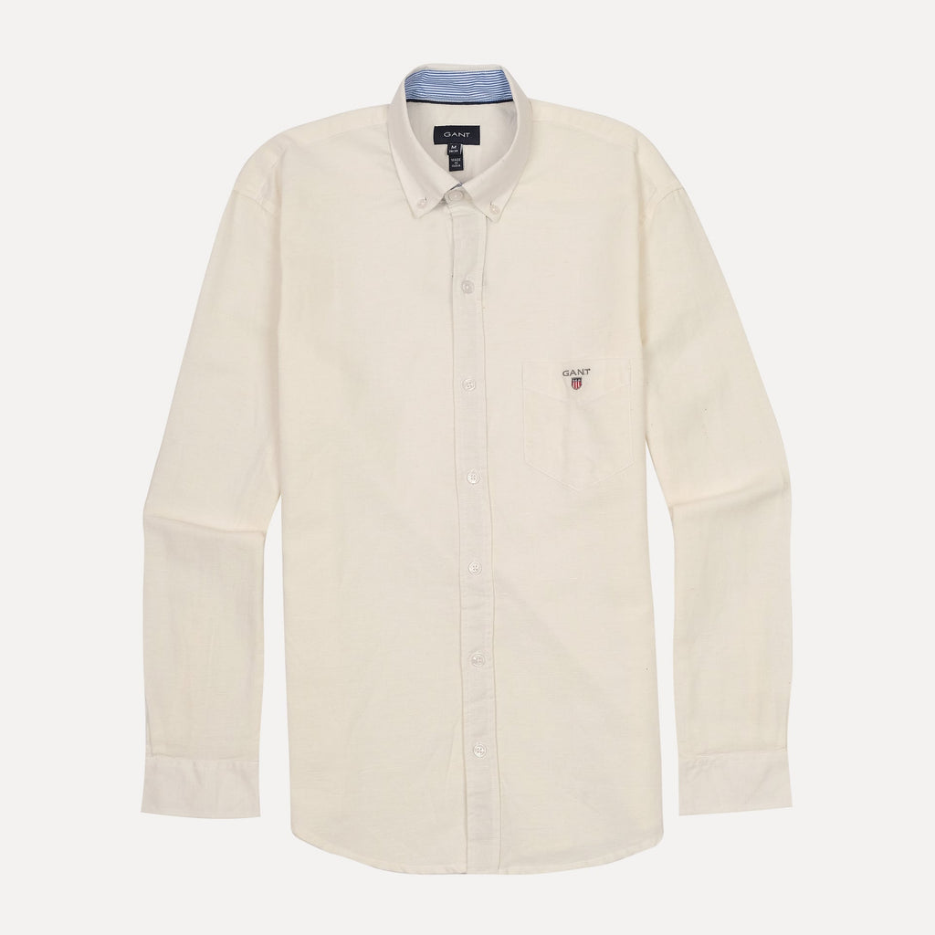 GANT Ethereal Cream Tailored Fit Long Sleeve Linen-Blend Shirt