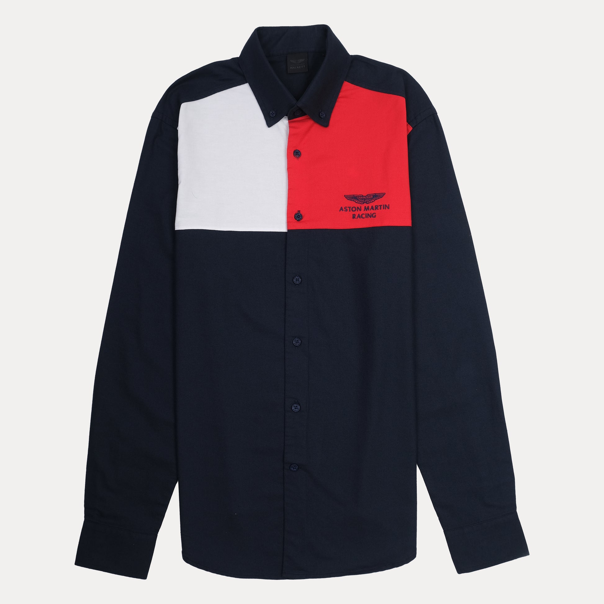 Hackett Aston Martin Racing Colorblock Shirt in Midnight Blue and Crimson Red