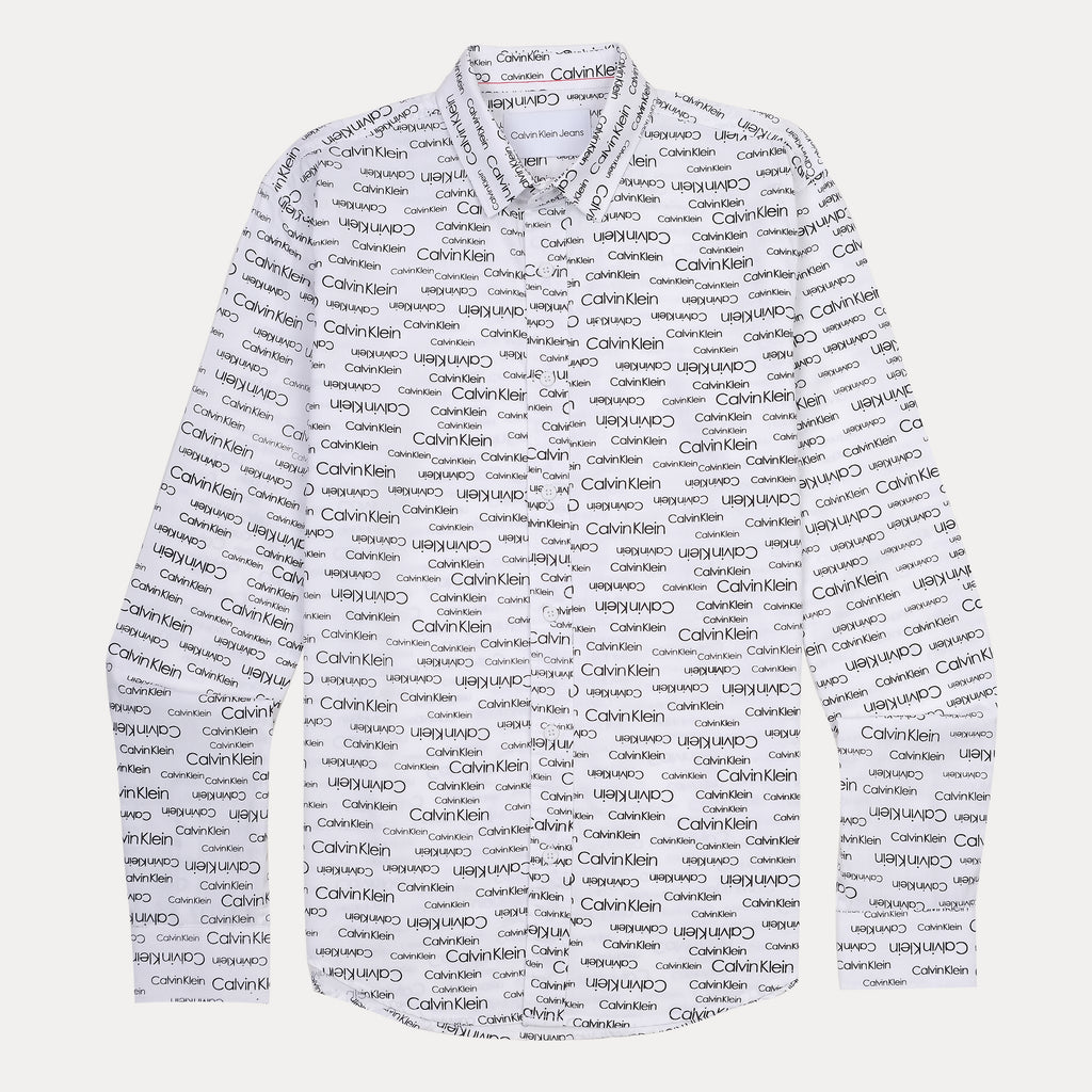 Calvin Klein Whimsical Logo Print Button-Up Shirt in Crisp Cloud White