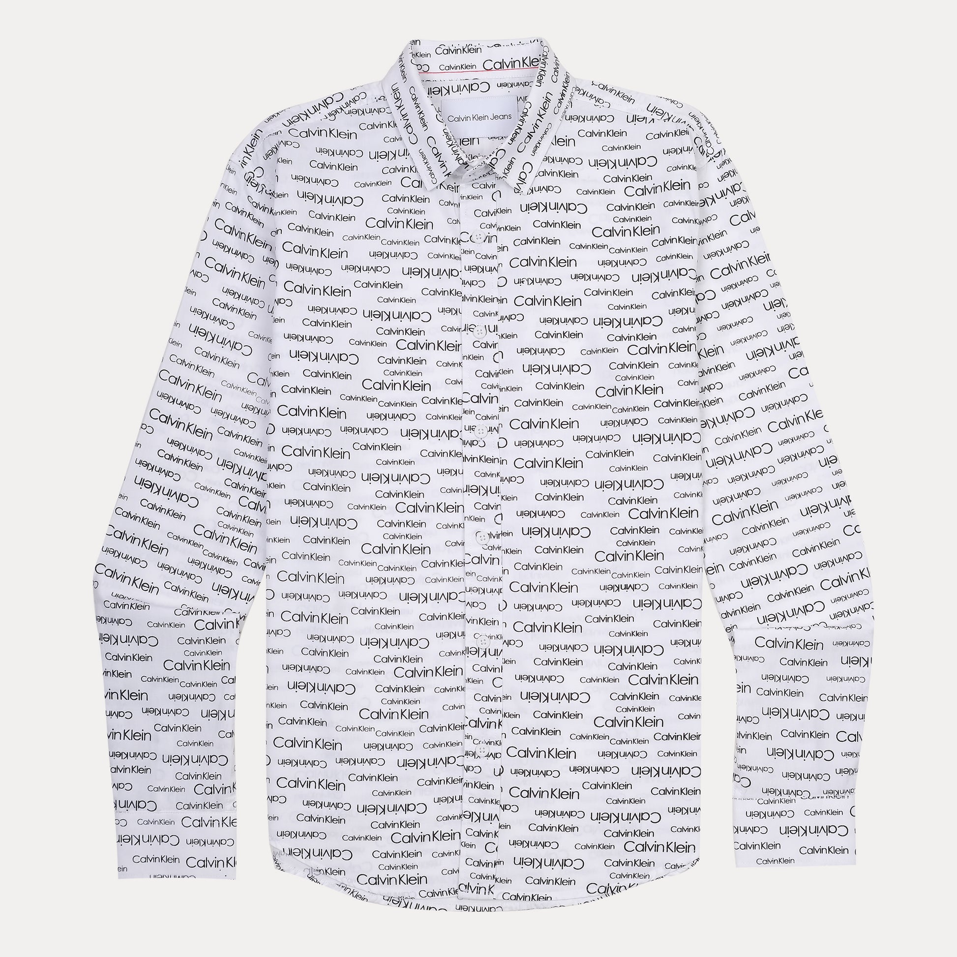 Calvin Klein Whimsical Logo Print Button-Up Shirt in Crisp Cloud White