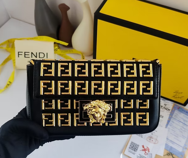 Fendi Monogrammed Leather Shoulder Bag with Gold Chain