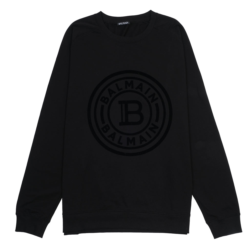 BALMAIN Luxe Black Emblem Crewneck Sweatshirt