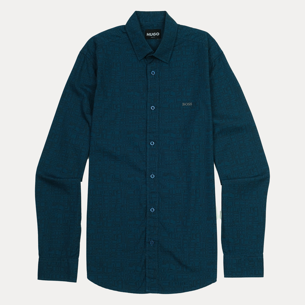 HUGO Slim Fit Geometric Patterned Shirt in Enchanted Teal