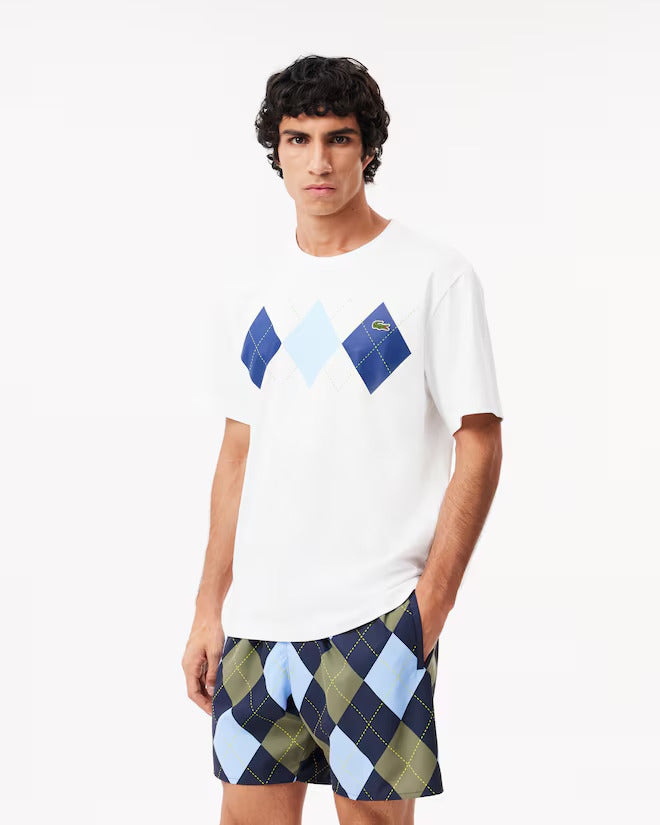 LACOSTE Cloud White Argyle Graphic Short Sleeve Tee