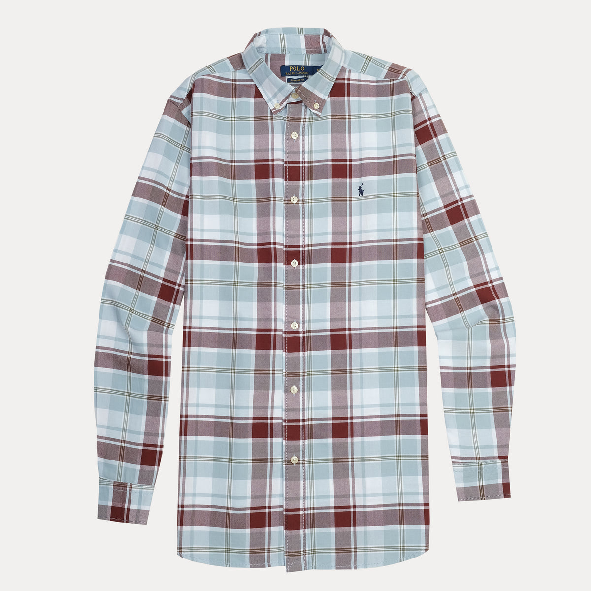 Polo Ralph Lauren Custom Fit Plaid Shirt in Serene Sky and Rustic Red