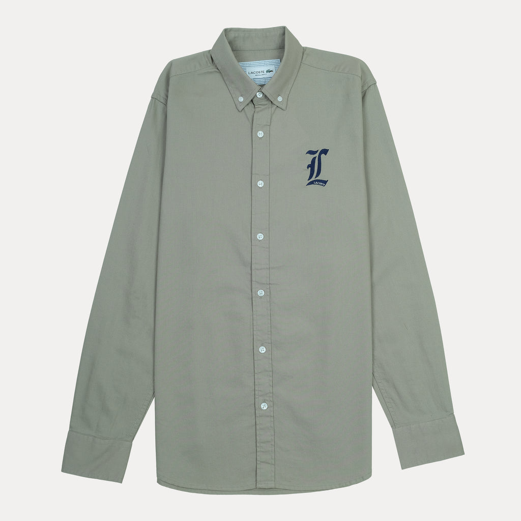 Lacoste Organic Cotton Sage Green Button-Up Shirt with Elegant Embroidery