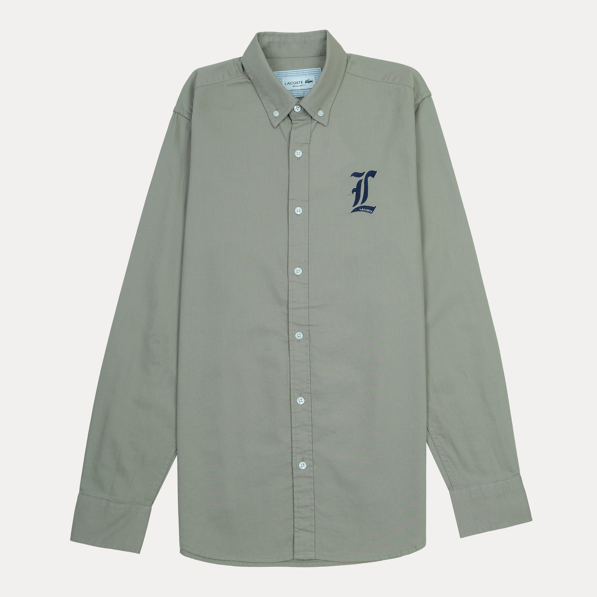 Lacoste Organic Cotton Sage Green Button-Up Shirt with Elegant Embroidery
