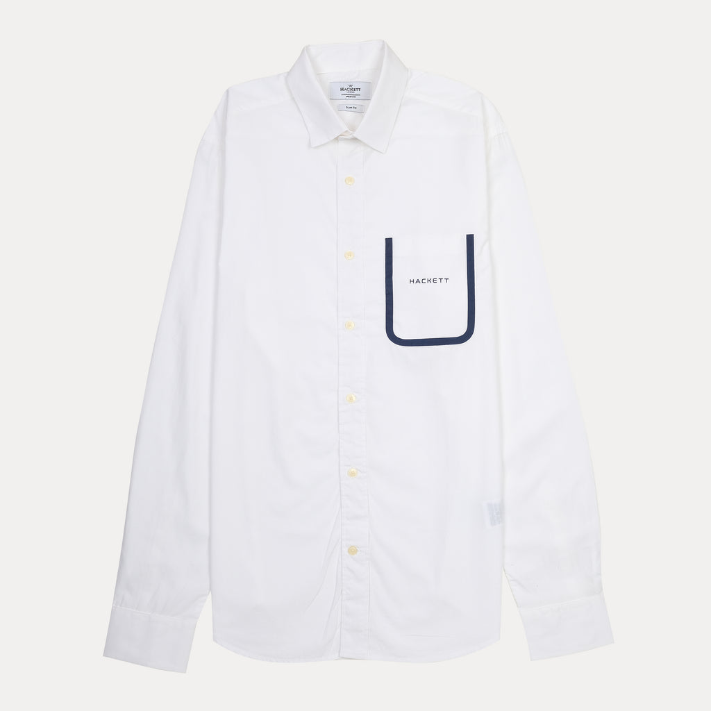 HACKETT Elegant Whisper White Slim Fit Shirt with Navy Pocket Detail