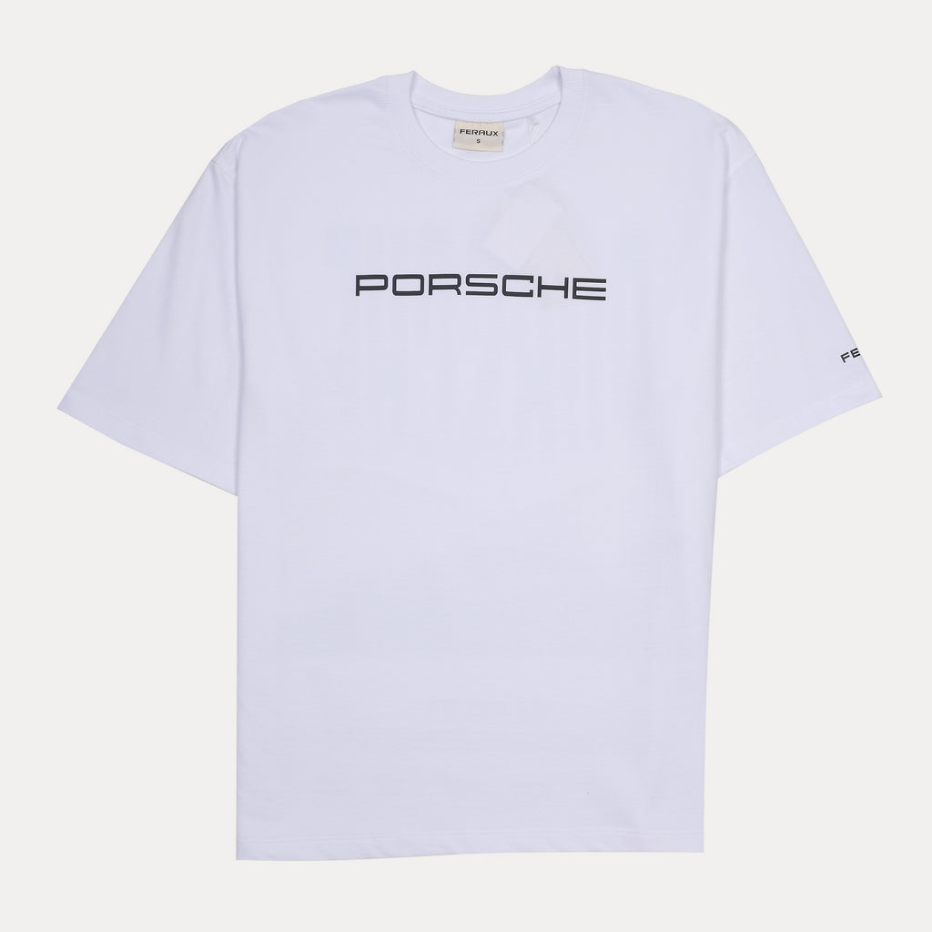 Porsche Dynamic White Graphic Oversized Tee - Speedy Elegance