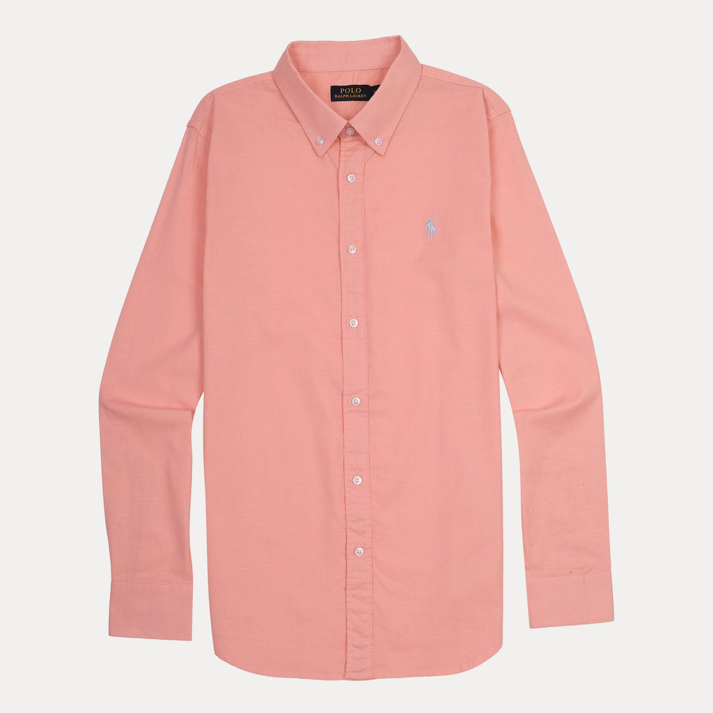 RALPH LAUREN SLIM FIT Button-Down Linen Shirt in Coral
