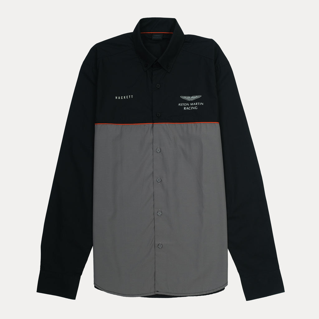 Hackett Aston Martin Racing Long Sleeve Shirt in Midnight Charcoal with Vibrant Ember Accents